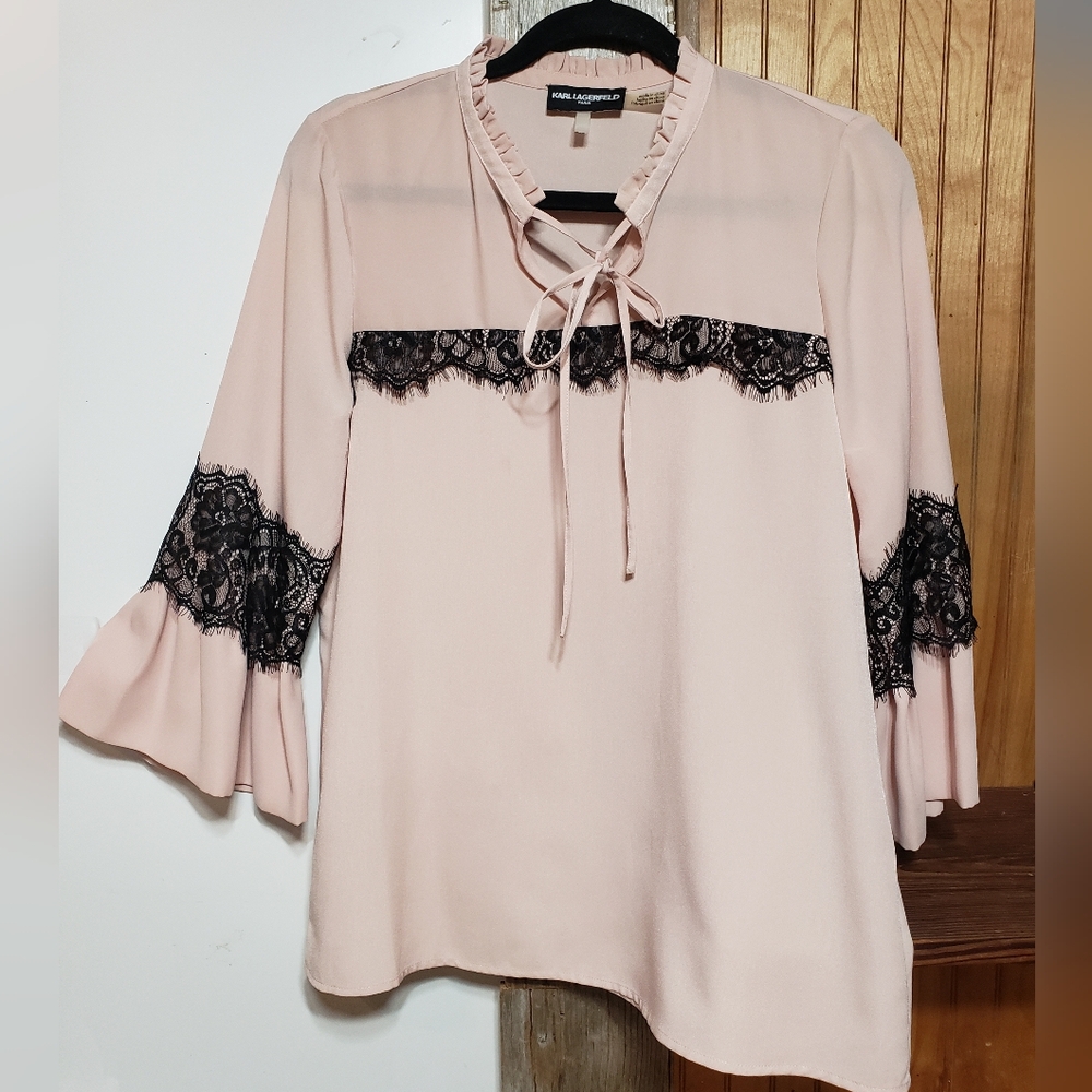 Karl Lagerfeld Paris Victorian Blush Pink Black Lace Med Blouse French Girl